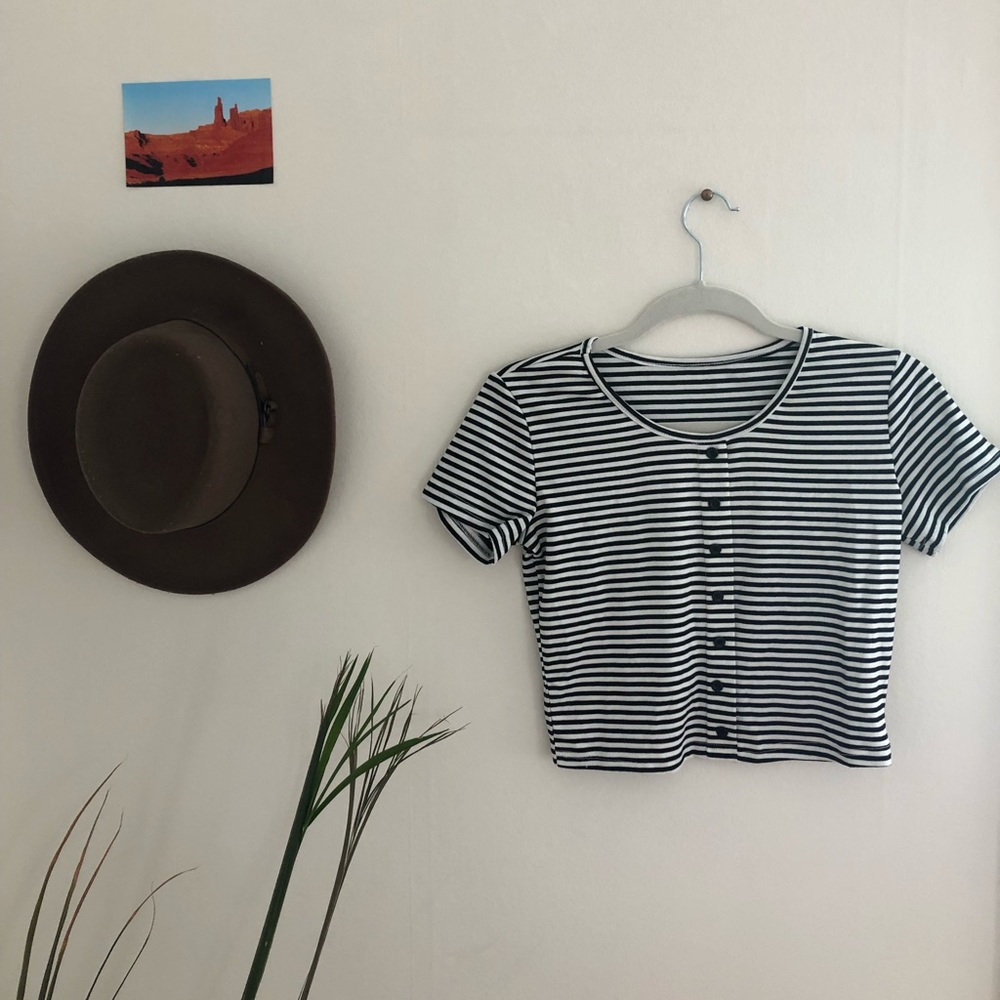 Black and White Striped Button Tee